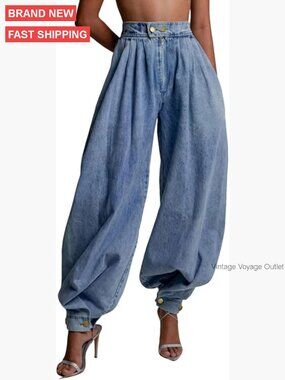 Baggy Harem Jeans Boyfriend Wide Leg Balloon Denim Pants Zip Up